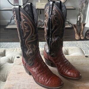 Dan Post Full Quill Ostrich Men's 7 D‎ Western Leather Boots - Brown and Black